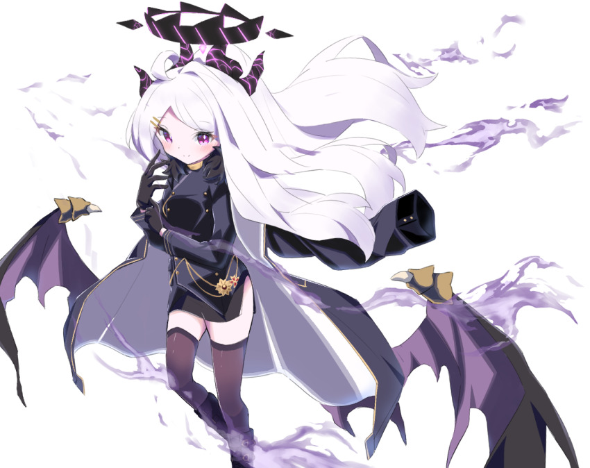 1girl ahoge aura black_coat black_gloves black_halo black_skirt blue_archive breasts coat coat_on_shoulders dark_aura demon_girl demon_horns demon_wings gloves halo hina_(blue_archive) horns long_hair looking_at_viewer purple_eyes sasanoha_(sasanoha0712) skirt small_breasts solo standing thighhighs white_hair wings zettai_ryouiki