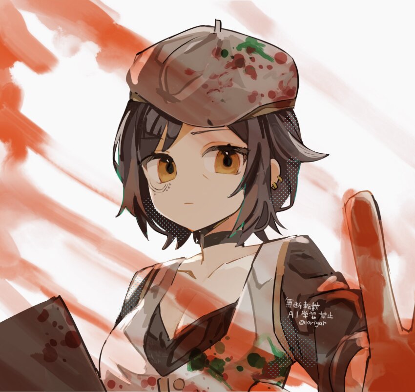 10rigar 1girl alternate_skin_color apron beret black_choker black_shirt blood_on_hat breasts brown_eyes brown_hair choker cleavage closed_mouth ear_piercing gold_trim hand_up hat highres limbus_company long_sleeves looking_at_viewer outis_(project_moon) piercing project_moon ring_(identity)_(project_moon) shirt short_hair sidelocks simple_background solo v-neck white_apron white_background white_hat
