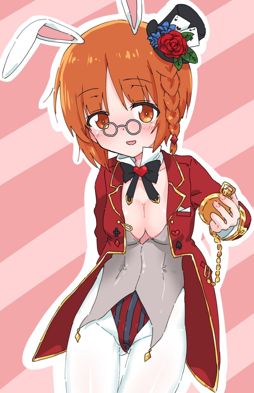1girl alice&#039;s_adventures_in_wonderland animal_ears blush braid breasts brown_eyes brown_hair cleavage cosplay fake_animal_ears girls_und_panzer glasses hat highres large_breasts leotard looking_at_viewer mini_hat monolith_(suibou_souko) nishizumi_miho open_mouth pantyhose pink_background pocket_watch rabbit_ears short_hair simple_background smile solo striped_background top_hat watch white_pantyhose white_rabbit_(alice_in_wonderland) white_rabbit_(alice_in_wonderland)_(cosplay)