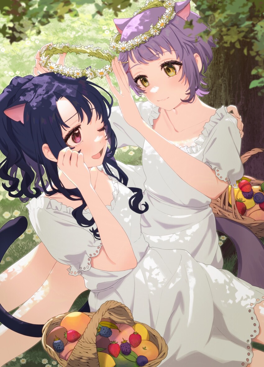 2girls ;d absurdres animal_ears blue_hair blush cat_ears cat_tail commentary_request dark_blue_hair dress extra_ears fruit_basket head_wreath highres holding holding_wreath idolmaster idolmaster_million_live! kemonomimi_mode lying makabe_mizuki multiple_girls on_back one_eye_closed open_mouth outdoors purple_hair sitting smile tail takayama_sayoko tanupon white_dress