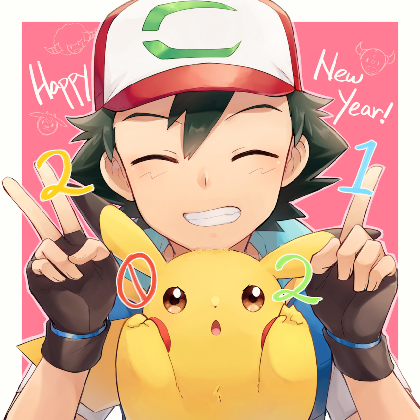 1boy 2021 ^_^ ash_ketchum baseball_cap border bouffalant brown_gloves clenched_teeth closed_eyes commentary_request creature double_v fingerless_gloves gen_1_pokemon gen_2_pokemon gen_5_pokemon gloves grin hands_up happy_new_year hat highres looking_at_viewer male_focus miltank new_year nintendo ochi_(lokun) outline outside_border pikachu pink_background pokemon pokemon_(anime) pokemon_(creature) pokemon_the_movie:_the_power_of_us short_hair simple_background smile tauros teeth v white_border