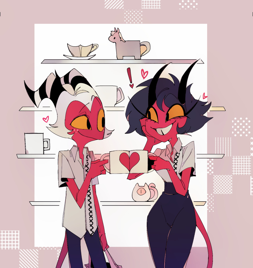 1boy 1girl ama0805 collared_shirt colored_skin couple cup freckles heart helluva_boss highres holding holding_cup husband_and_wife looking_at_another millie_(helluva_boss) moxxie_(helluva_boss) pants red_skin shirt tooth_gap white_shirt