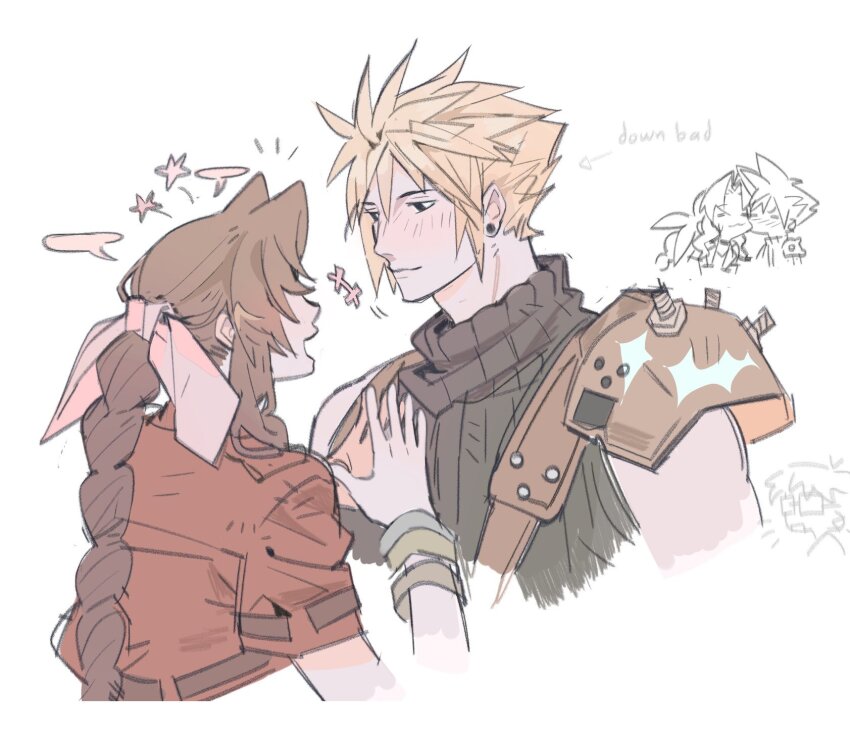 1boy 1girl aerith_gainsborough armor bangle blonde_hair blush bracelet braid braided_ponytail brown_hair chibi chibi_inset cloud_strife couple cropped_jacket earrings final_fantasy final_fantasy_vii final_fantasy_vii_rebirth final_fantasy_vii_remake grey_shirt hair_between_eyes hair_ribbon hetero highres jacket jewelry long_hair looking_at_another mmmckayyy open_mouth own_hands_together parted_bangs pauldrons pink_ribbon red_jacket ribbon shirt short_hair short_sleeves shoulder_armor sidelocks single_bare_shoulder single_braid single_earring single_pauldron sleeveless sleeveless_turtleneck smile spiked_hair suspenders turtleneck upper_body white_background