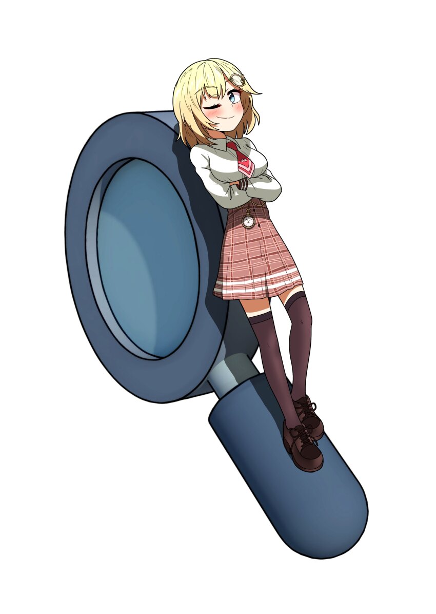 1girl absurdres arms_under_breasts black_thighhighs blonde_hair blue_eyes blush collared_shirt crossed_arms ddolbang hair_ornament highres hololive hololive_english looking_at_viewer magnifying_glass necktie one_eye_closed plaid_clothes plaid_skirt pocket_watch red_necktie shirt short_hair skirt thighhighs virtual_youtuber watch watson_amelia watson_amelia_(1st_costume) white_background white_shirt