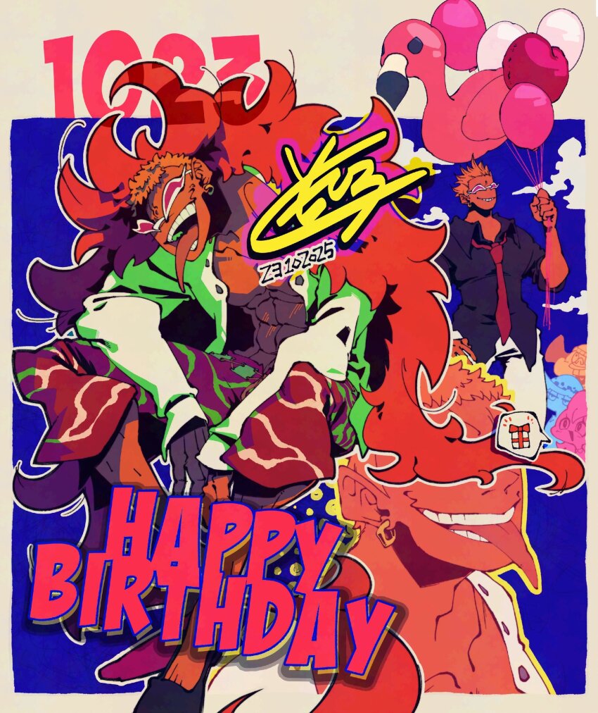 1boy 1girl 3boys baby_5 balloon bird black_shirt blonde_hair buffalo_(one_piece) capri_pants donquixote_doflamingo earrings ebidenai english_text flamingo happy_birthday highres holding holding_balloon jewelry male_focus multiple_boys muscular muscular_male necktie one_piece open_clothes open_shirt pants red_necktie shirt short_hair sitting smile tongue tongue_out trafalgar_law variations white_shirt