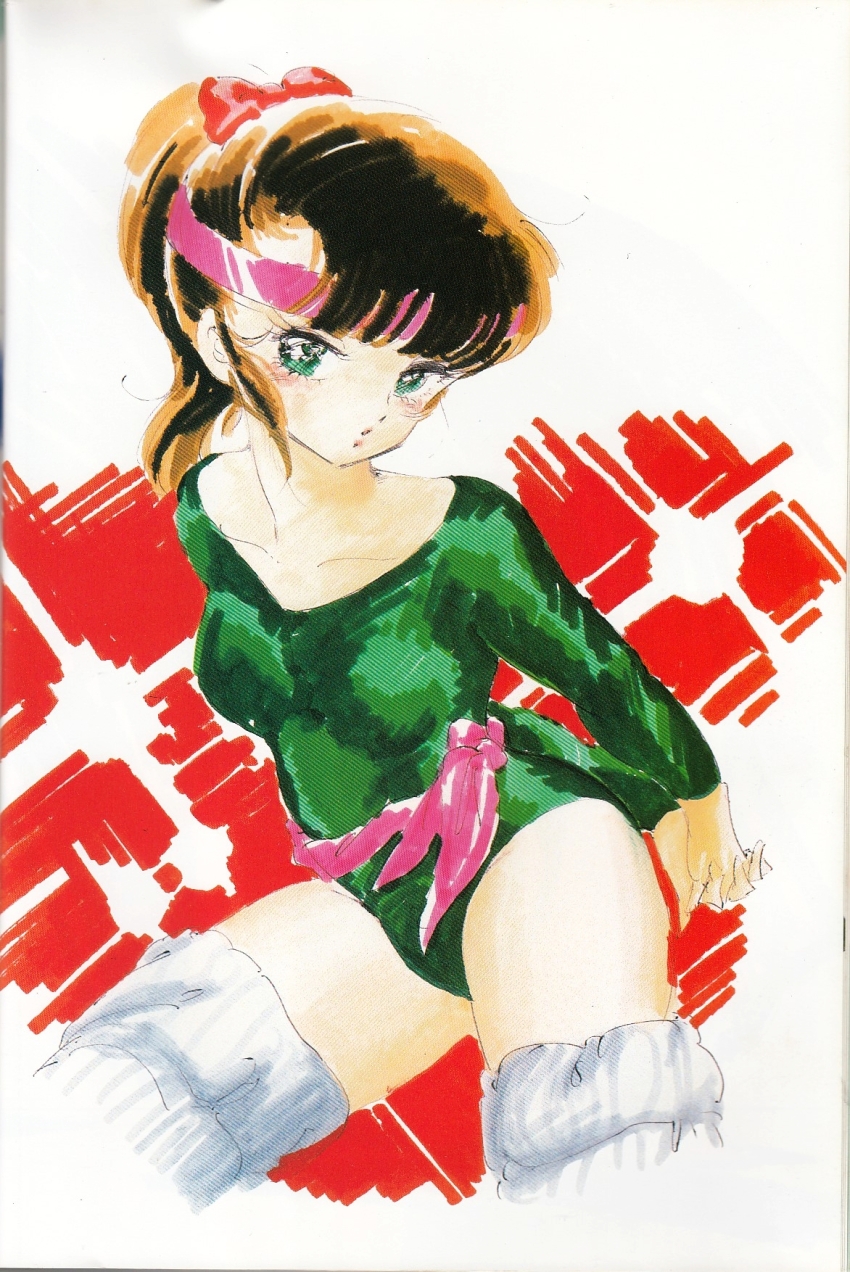 1980s_(style) 1girl abstract_background bandana brown_hair collarbone cream_lemon green_eyes gym_uniform highres leg_warmers leotard long_sleeves marker_(medium) non-web_source official_art oldschool oomori_midori ponytail retro_artstyle scan shingyouji_tatsuya solo thighhighs traditional_media