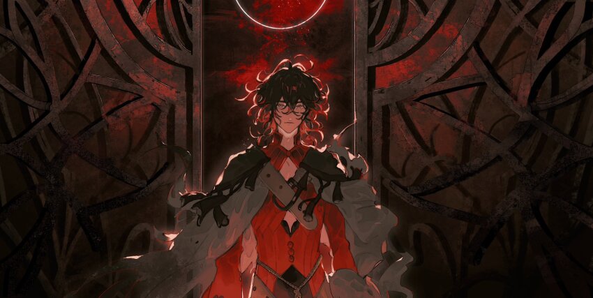 1boy black_hair chest_belt cloak curly_hair dante_alighieri_(fate) dante_alighieri_(second_ascension)_(fate) fate/grand_order fate_(series) grey_cloak grey_eyes highres long_sleeves looking_at_viewer male_focus medium_hair multicolored_hair red_hair rope_belt shirt solo torn_cloak torn_clothes two-tone_hair uda_(xax_057) upper_body
