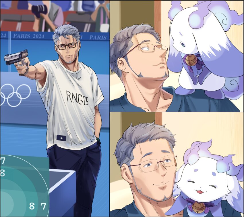 2024_summer_olympics aiming facial_hair glasses grey_hair gun hand_in_pocket handgun highres holding holding_gun holding_weapon lunlun_(nijisanji) maimoto_keisuke nijisanji olympics pants parody photo-referenced shirogami_seisho smile stubble virtual_youtuber weapon yusuf_dikec yusuf_dikec_(meme)
