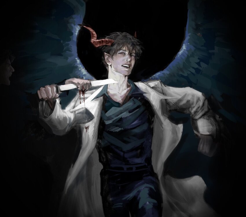 2boys attempted_suicide black_hair black_shirt black_wings bleeding blood blood_on_hands clenched_hand coat collared_shirt cowboy_shot demon_horns feathered_wings glowing hair_between_eyes holding holding_blade holding_sword holding_weapon horns impaled kim_dokja looking_at_viewer macaronijail multiple_boys omniscient_reader&#039;s_viewpoint out_of_frame pointy_ears popped_collar red_eyes self-harm shirt short_hair stab sword teeth upper_teeth_only weapon white_coat wings yoo_joonghyuk