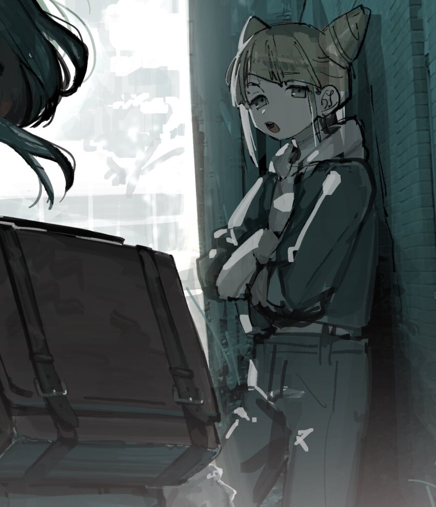 100387l 2girls backpack bag cone_hair_bun cowboy_shot crossed_arms double_bun fukurai_azami hair_bun highres hood hood_down hoodie jumpsuit limited_palette long_sleeves looking_at_another multiple_girls open_mouth out_of_frame outdoors short_hair solo_focus standing tomarigi_yasumi toshi_densetsu_kaitai_center unfinished