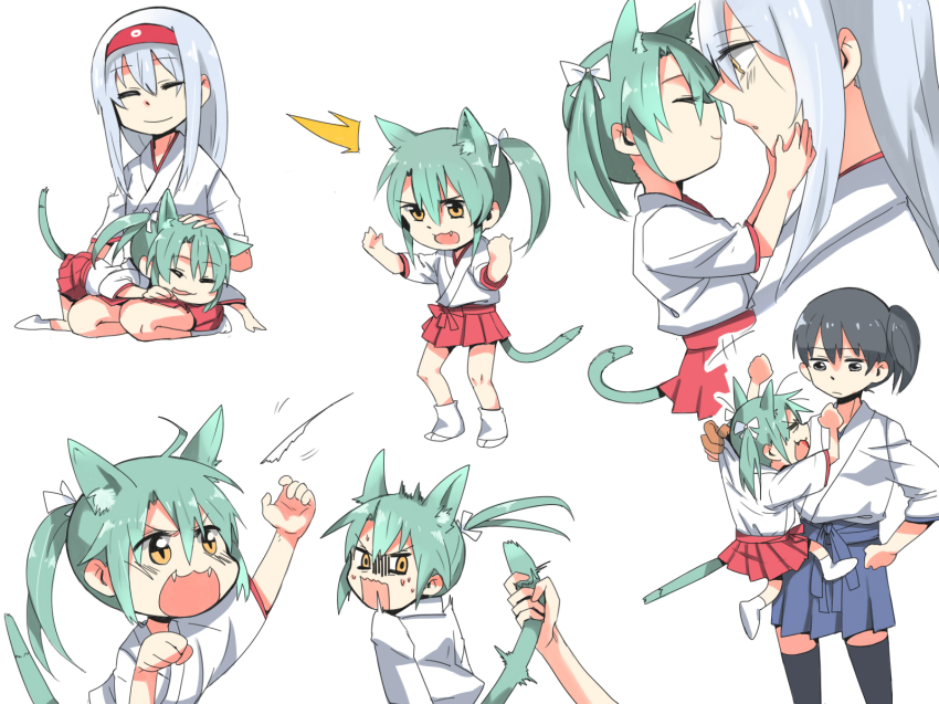 10s 3girls animal_ears aqua_hair black_hair cat_ears cat_tail fangs hairband highres japanese_clothes kaga_(kancolle) kantai_collection kemonomimi_mode knightym22 long_hair multiple_girls personification pleated_skirt short_hair shoukaku_(kancolle) side_ponytail silver_hair size_difference skirt tail tail_grab twintails yellow_eyes zuikaku_(kancolle)