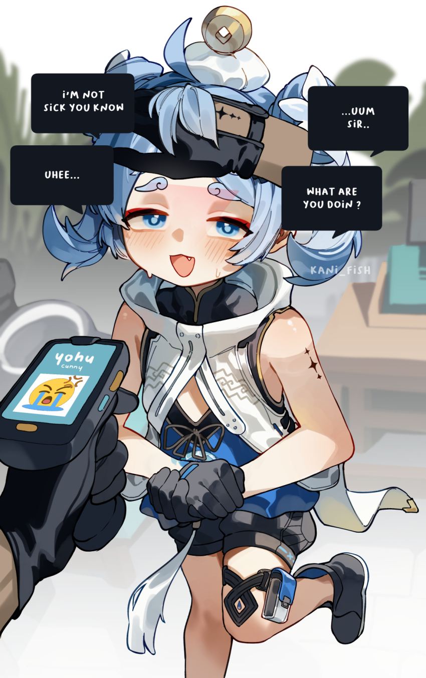 1girl :3 bare_arms black_gloves blue_eyes blue_hair breasts crying_emoji emoji english_text fang gloves highres kani_fish small_breasts solo_focus twintails wuthering_waves youhu_(wuthering_waves)