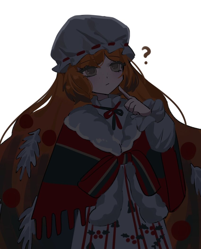 1girl ? bonnet cape christmas christmas_nightmare_(e.g.o) dark dress e.g.o_(project_moon) flaqjtmfmf freckles frilled_shirt_collar frills fringe-trimmed_cape fur-trimmed_cape fur_trim green_eyes highres index_finger_raised ishmael_(project_moon) limbus_company long_hair neck_ribbon orange_hair pointing pointing_at_self project_moon ribbon simple_background solo striped_cape white_background