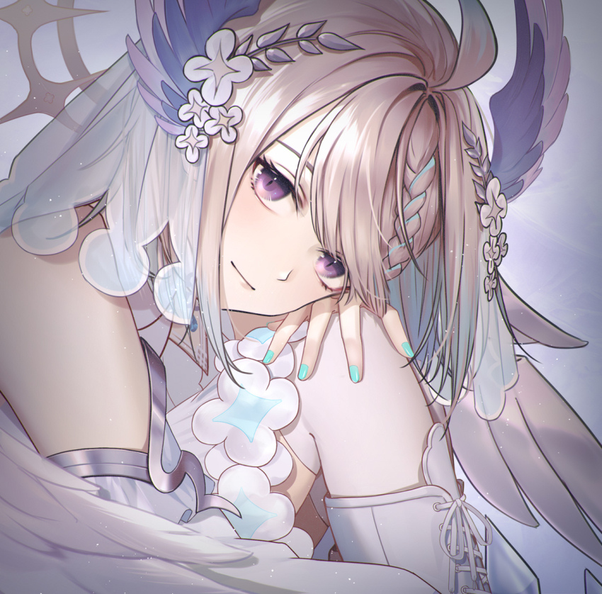 1girl ahoge aqua_hair aqua_nails blonde_hair enna_alouette enna_alouette_(2nd_costume) flower hair_flower hair_ornament halo head_on_knee head_rest head_wings head_wreath light_smile looking_at_viewer low_wings medium_hair multicolored_hair nijisanji nijisanji_en purple_eyes solo streaked_hair thighhighs tsukimimooon veil virtual_youtuber white_thighhighs white_veil wings
