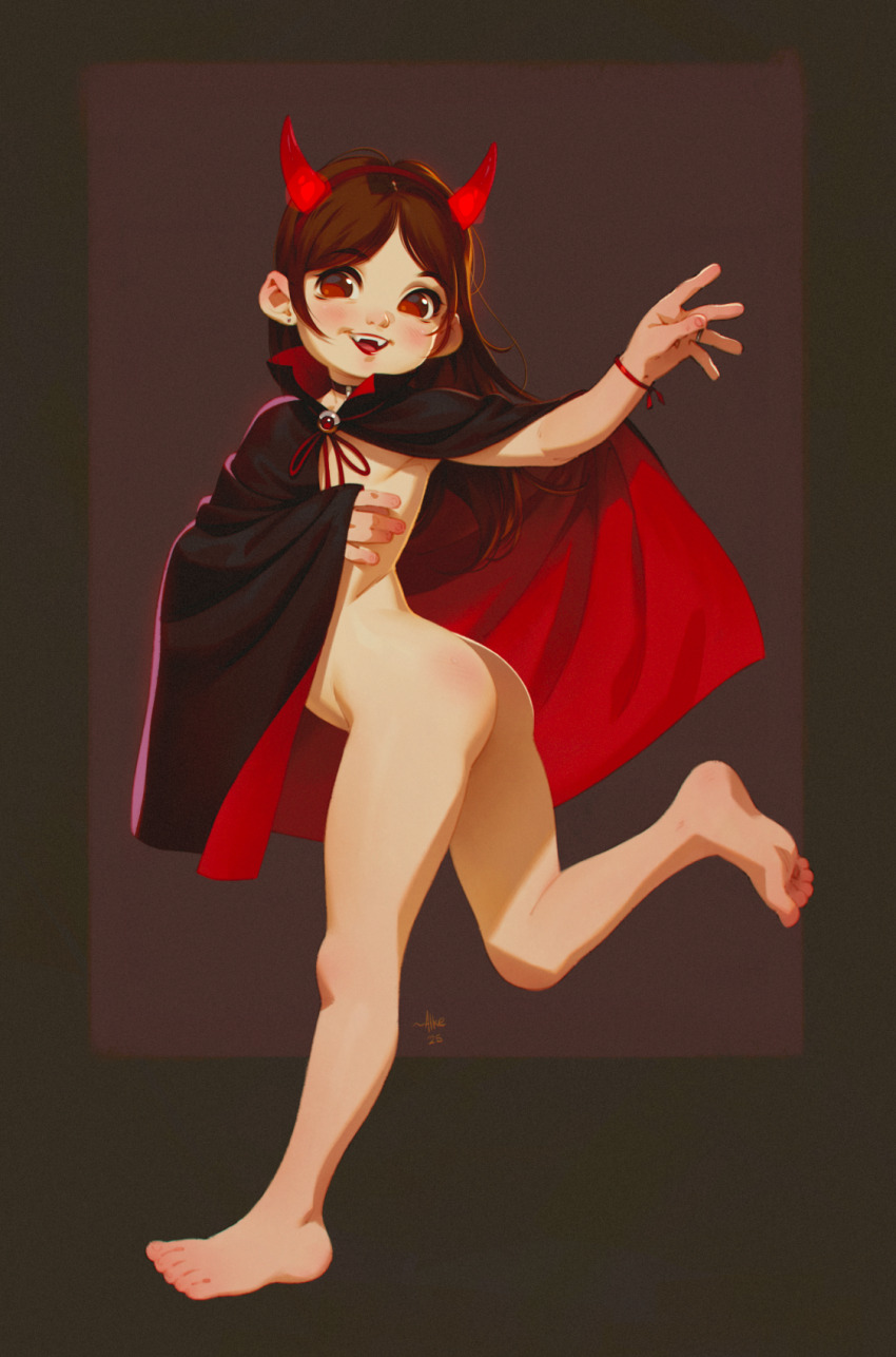 1girl 2025 20s alkemanubis ass barefoot black_background black_cape blush bracelet brown_hair cape choker demon_girl demon_horns demon_tail demon_wings earrings fake_horns fake_tail fake_wings fangs flat_chest gem halloween halloween_costume horns jewelry loli long_hair looking_at_viewer naked_cape nude open_mouth original red_eyes red_gemstone ring running smile tail teeth wings