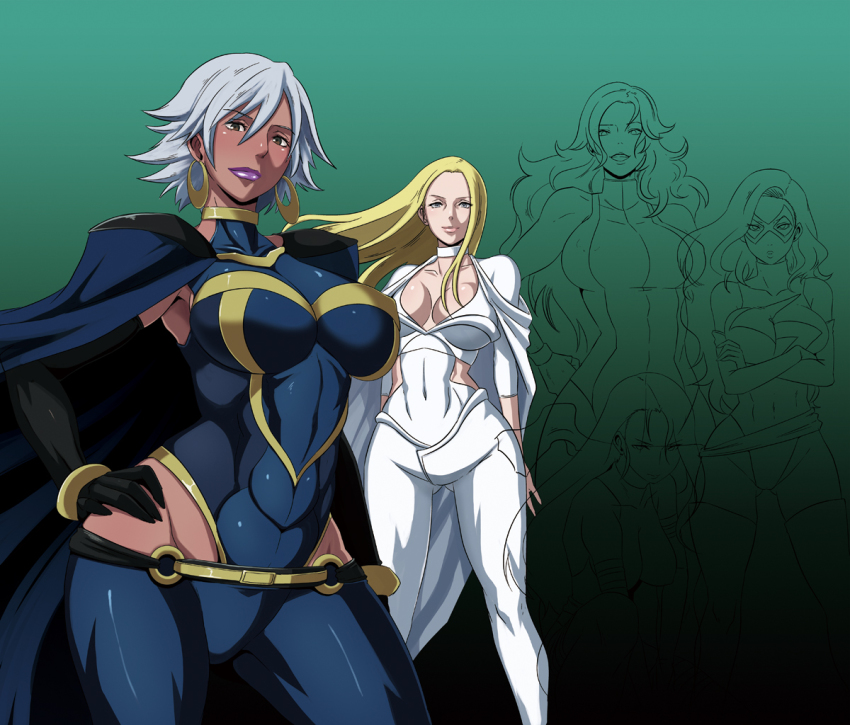 10s 5girls animification blonde_hair breasts butcha-u cape carol_danvers cleavage dark-skinned_female dark_skin earrings emma_frost grey_hair huge_breasts jennifer_walters jewelry marvel ms_marvel multiple_girls psylocke she-hulk storm_(x-men) x-men x-men_(anime)