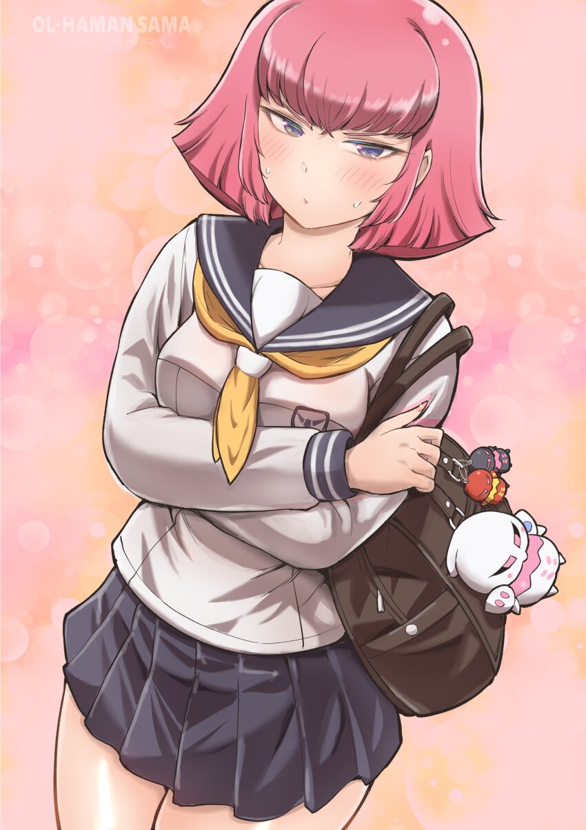 1girl absurdres arasa_ol_haman-sama blush breasts character_charm charm_(object) gundam haman_karn highres iwasaki_masakazu long_sleeves neckerchief official_art pink_hair pleated_skirt qubeley qubeley_mk_ii sailor_collar school_uniform serafuku shirt short_hair skirt solo sweatdrop