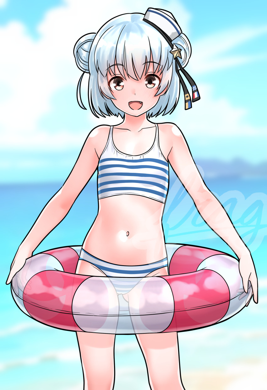 1girl absurdres bikini black_ribbon blue_hair breasts dixie_cup_hat double_bun furaggu_(frag_0416) hair_bun hair_ribbon hat highres kantai_collection looking_at_viewer military_hat navel open_mouth ribbon samuel_b._roberts_(kancolle) samuel_b._roberts_(swimsuit)_(kancolle) short_hair signal_flag small_breasts smile solo striped_bikini striped_clothes swim_ring swimsuit yellow_eyes