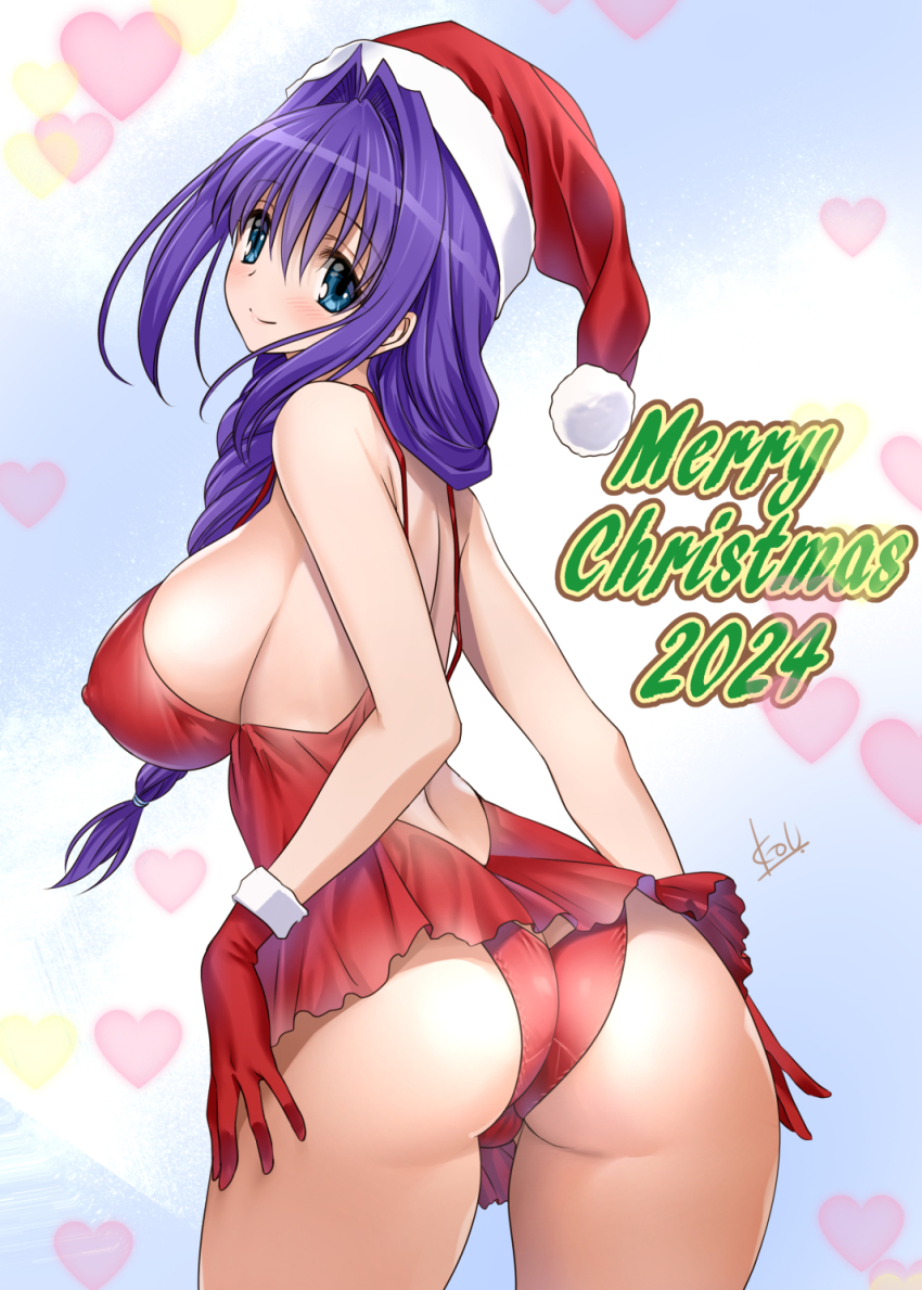 1girl ass ass_focus aunt_and_nephew blue_eyes breasts christmas english_text gloves hair_between_eyes hair_intakes hat heart highres kanon large_breasts long_hair looking_at_viewer looking_back minase_akiko mitarashi_kousei panties pantyshot ponytail purple_hair santa_costume santa_hat sideboob solo underwear