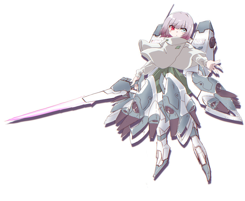 1girl bob_cut dolls_nest exoskeleton full_body grey_eyes heterochromia highres holding holding_sword holding_weapon mecha_musume pink_hair pleated_skirt red_eyes shirousagi_(usagi-goya_kansatsu_nikki) short_hair skirt solo sword weapon