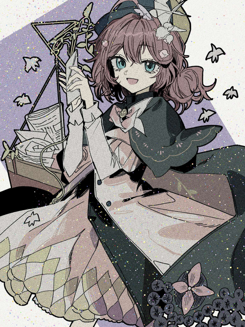 1girl :d basket black_cape black_hat blue_eyes brown_hair cape coat cowboy_shot dress envelope film_grain flower flutterpage hair_flower hair_ornament hands_up hat highres holding holding_envelope juliet_sleeves long_sleeves looking_at_viewer low_twintails newspaper official_alternate_costume open_mouth puffy_sleeves purple_background reverse:1999 short_hair simple_bird smile solo twintails white_coat white_dress white_flower yuzu_(parasitic_910)
