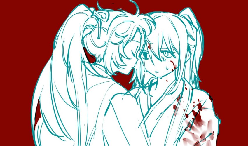 1boy 1girl blood blood_on_clothes blood_on_face blue_theme closed_eyes coat forehead-to-forehead heads_together hong_lu_(project_moon) kampuzu limbus_company lin_daiyu_(project_moon) long_hair long_sleeves monochrome ponytail project_moon red_background simple_background very_long_hair