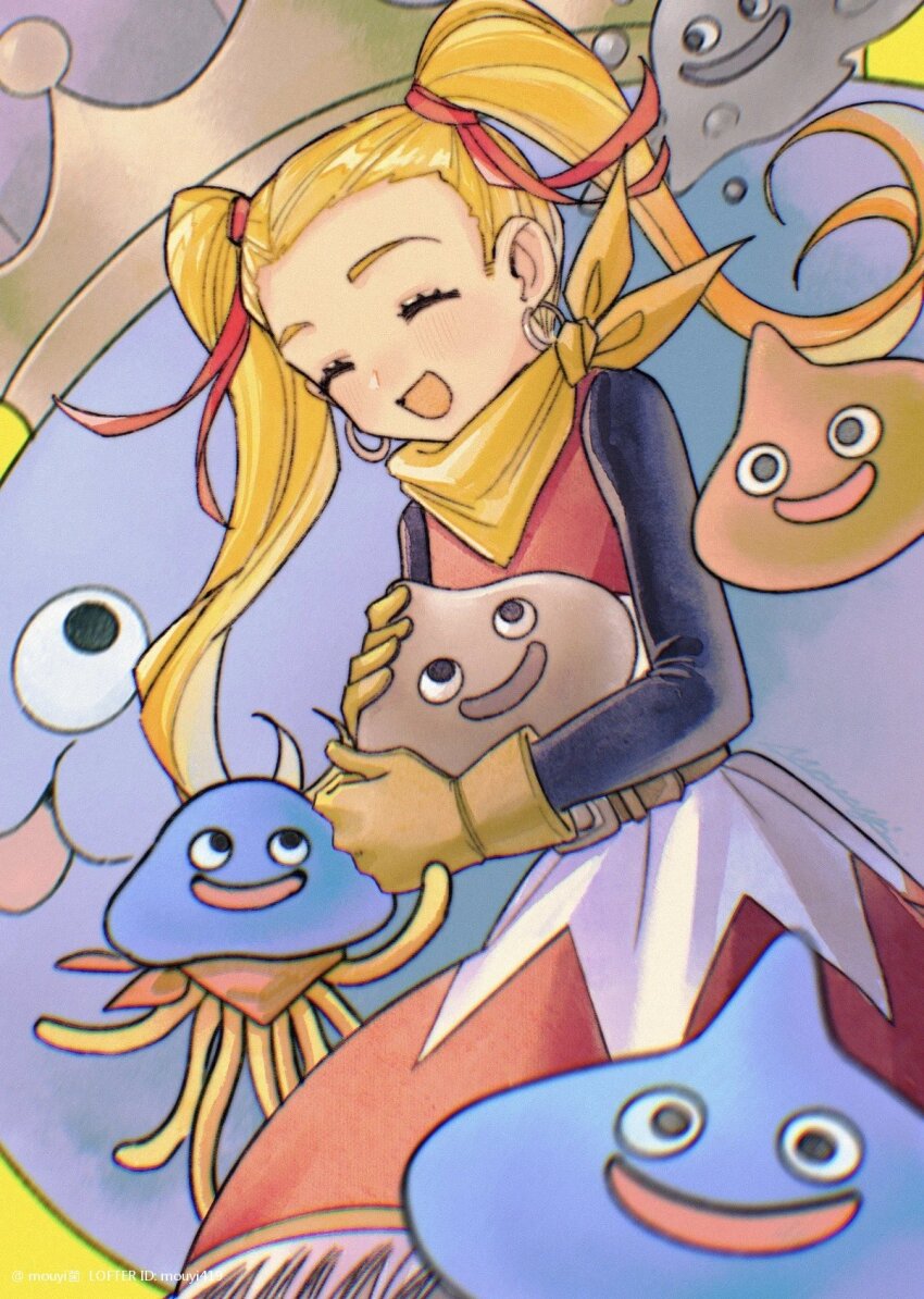 1girl 6+others blonde_hair closed_eyes commentary dragon_quest dragon_quest_builders_2 dress earrings female_builder_(dqb2) fringe_trim gloves hair_pulled_back hair_ribbon hashtag-only_commentary healslime highres holding hoop_earrings jewelry king_slime_(dragon_quest) liquid_metal_slime_(dq) lofter_username lying metal_slime mouyi multiple_others neckerchief on_side open_mouth orange_neckerchief red_ribbon ribbon she-slime shirt_under_dress silver_earrings slime_(dragon_quest) smile symbol-only_commentary twintails yellow_gloves yellow_neckerchief