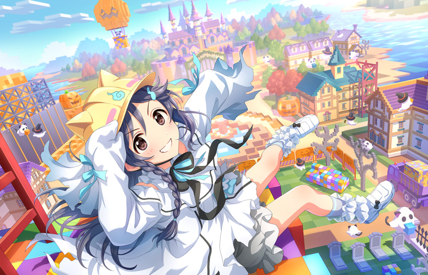 1girl aircraft block_(object) braid building cloud game_cg ghost grin halloween hat hot_air_balloon idolmaster idolmaster_cinderella_girls idolmaster_cinderella_girls_starlight_stage miyoshi_sana official_art pumpkin purple_eyes purple_hair smile tombstone tree water