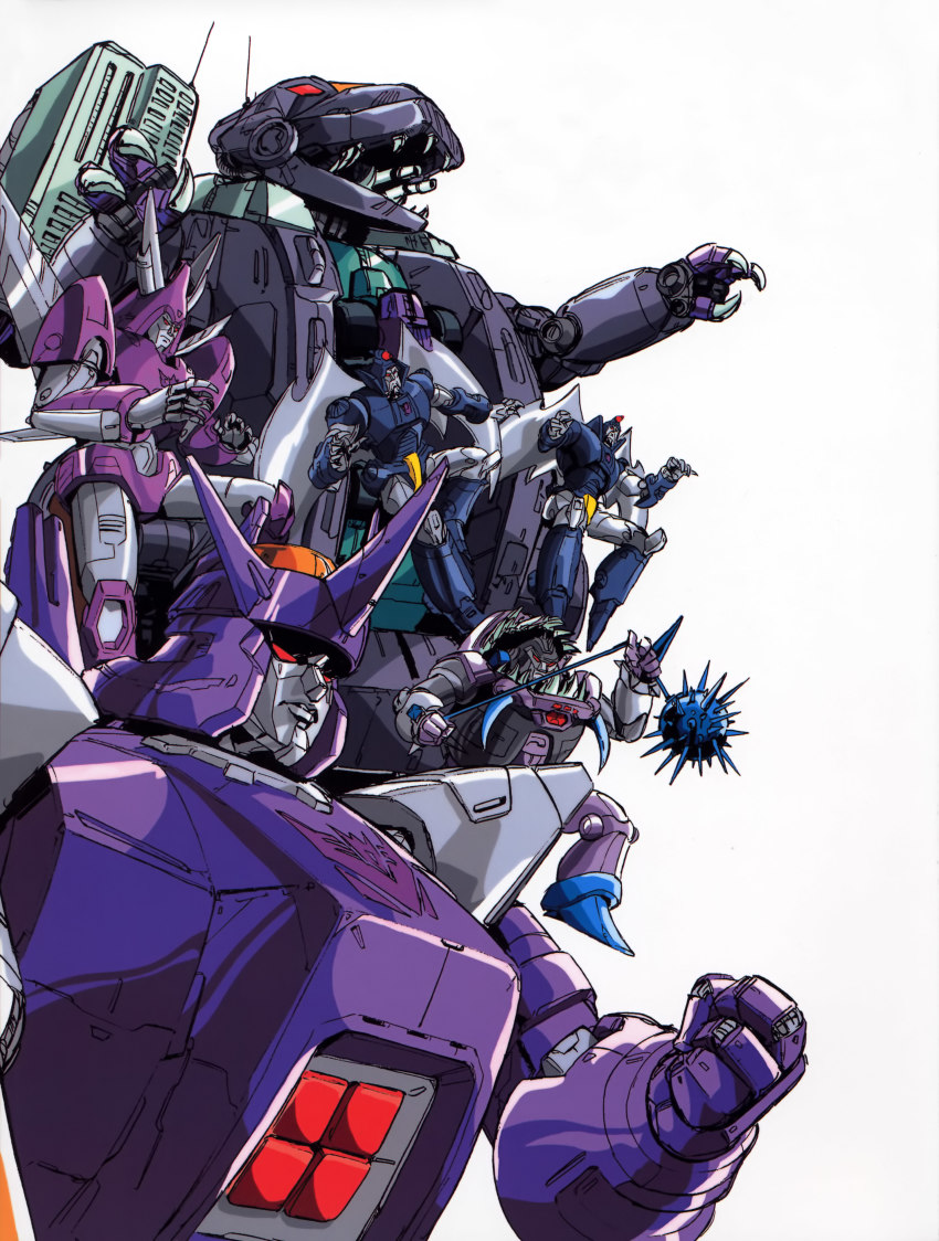 1980s_(style) absurdres claws clenched_hand clone cyclonus decepticon dinosaur emblem flail galvatron gnaw_(transformers) highres lips mecha morning_star no_humans oldschool open_mouth retro_artstyle robot saitou_akihide scourge_(transformers) sharp_teeth spikes teeth transformers trypticon weapon white_background