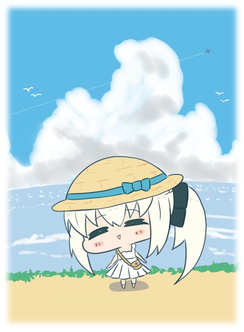 1girl black_bow blush bow closed_eyes cloud fate/grand_order fate_(series) hair_bow hat highres maru_hien morgan_le_fay_(fate) ocean side_ponytail skirt smile solo white_hair