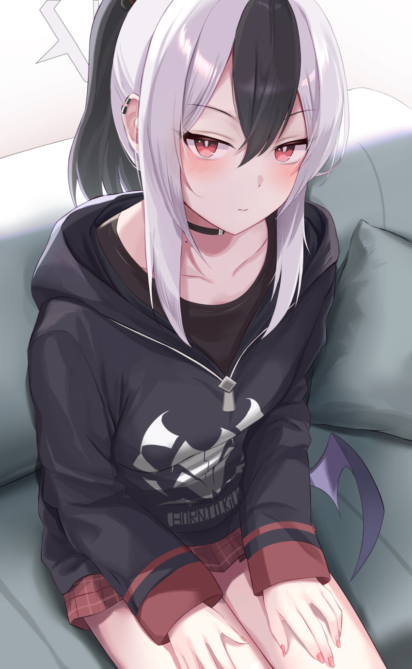 1girl backlighting black_choker black_hair black_hoodie blue_archive blush bright_pupils choker closed_mouth clothes_writing collarbone commentary couch cowboy_shot demon_girl demon_wings double-parted_bangs earclip english_text eyelashes grey_halo hair_between_eyes halo hexaroque highres hood hood_down hoodie kayoko_(blue_archive) lap_pillow_invitation long_hair long_sleeves looking_at_viewer low_wings miniskirt mole mole_on_neck multicolored_hair nail_polish on_couch pink_nails plaid_clothes plaid_skirt pleated_skirt ponytail red_eyes red_skirt sidelocks single_wing sitting skirt solo tsurime two-tone_hair white_hair white_pupils wings