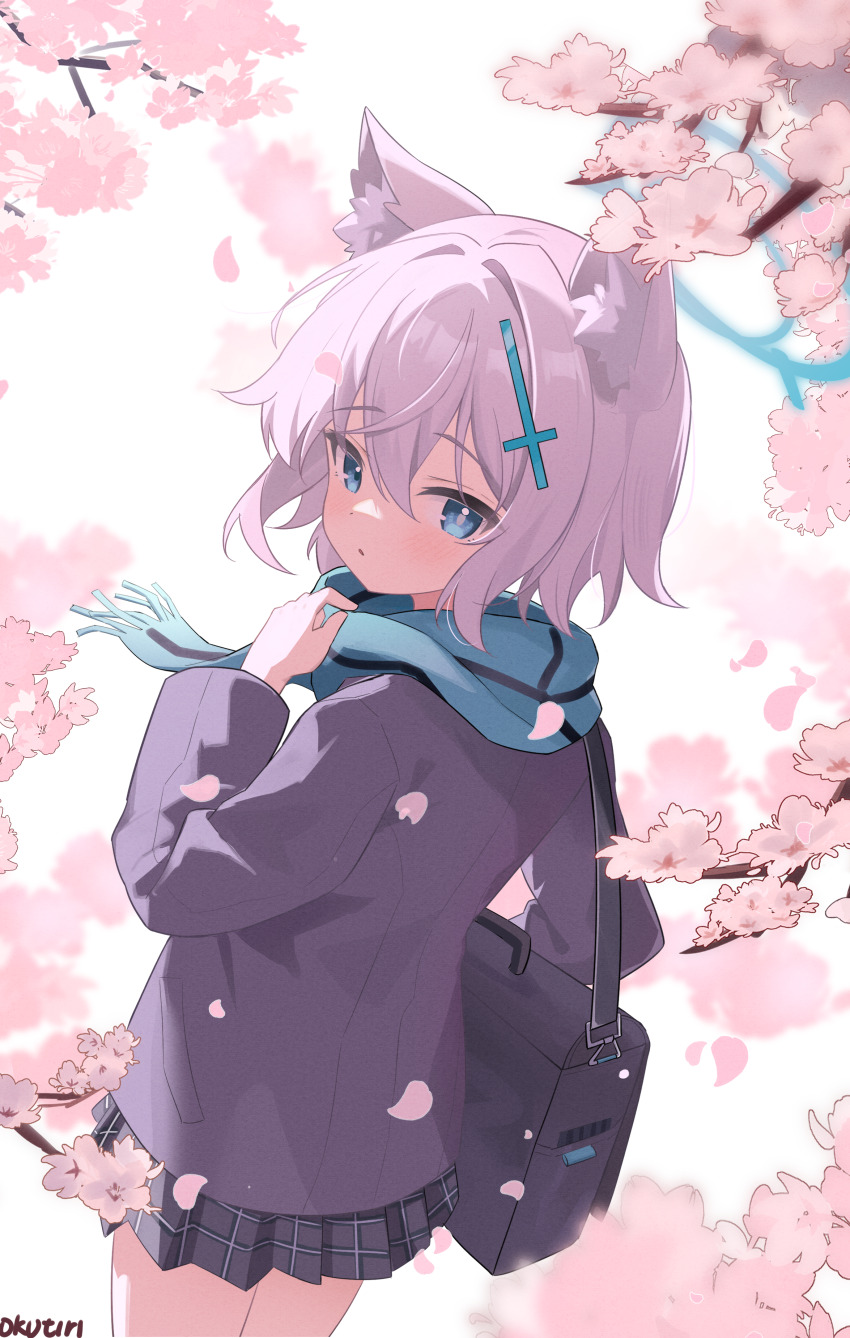 1girl :o absurdres animal_ear_fluff animal_ears aqua_eyes aqua_scarf black_skirt blazer blue_archive blue_jacket blush character_name commentary cross_hair_ornament exusiai_dust falling_petals grey_hair hair_ornament halo highres jacket looking_at_viewer mismatched_pupils outdoors petals plaid_clothes plaid_skirt pleated_skirt scarf school_uniform shiroko_(blue_archive) shiroko_(young)_(blue_archive) short_hair skirt solo wolf_ears