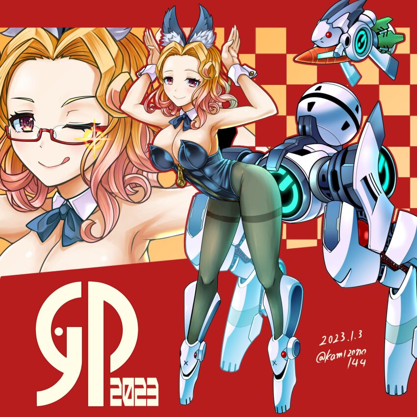 1girl 2023 :q animal_ears black_leotard black_ribbon blonde_hair breasts carrot chinese_zodiac cleavage closed_mouth collar commentary curly_hair dated detached_collar glasses grey_pantyhose highres kamizono_(spookyhouse) large_breasts leaning_forward leotard looking_at_viewer medium_hair neck_ribbon one_eye_closed original pantyhose playboy_bunny rabbit rabbit_pose red-framed_eyewear red_eyes ribbon rigging robot semi-rimless_eyewear smile solo standing strapless strapless_leotard thighband_pantyhose tongue tongue_out translated twitter_username under-rim_eyewear white_collar wing_collar wrist_cuffs year_of_the_rabbit zoom_layer