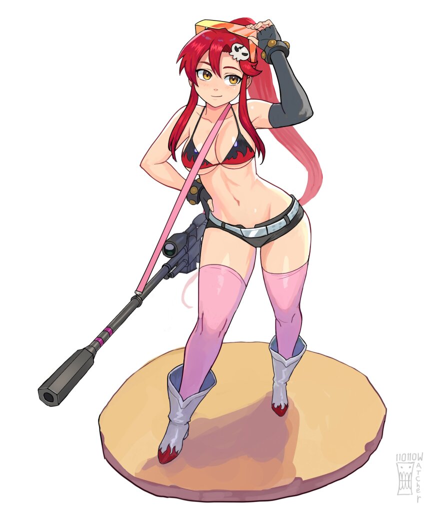 1girl absurdres adjusting_eyewear asymmetrical_gloves bare_shoulders bikini bikini_top_only black_bikini black_gloves black_shorts boots breasts commentary elbow_gloves eyewear_on_head fingerless_gloves full_body gloves gun hair_ornament highres large_breasts long_hair micro_shorts pink_thighhighs ponytail red_hair rifle shorts simple_background skull_hair_ornament sniper_rifle solo swimsuit tengen_toppa_gurren_lagann thighhighs thighs uneven_gloves watcher_hollow weapon white_background white_boots yellow_eyes yoko_littner zettai_ryouiki