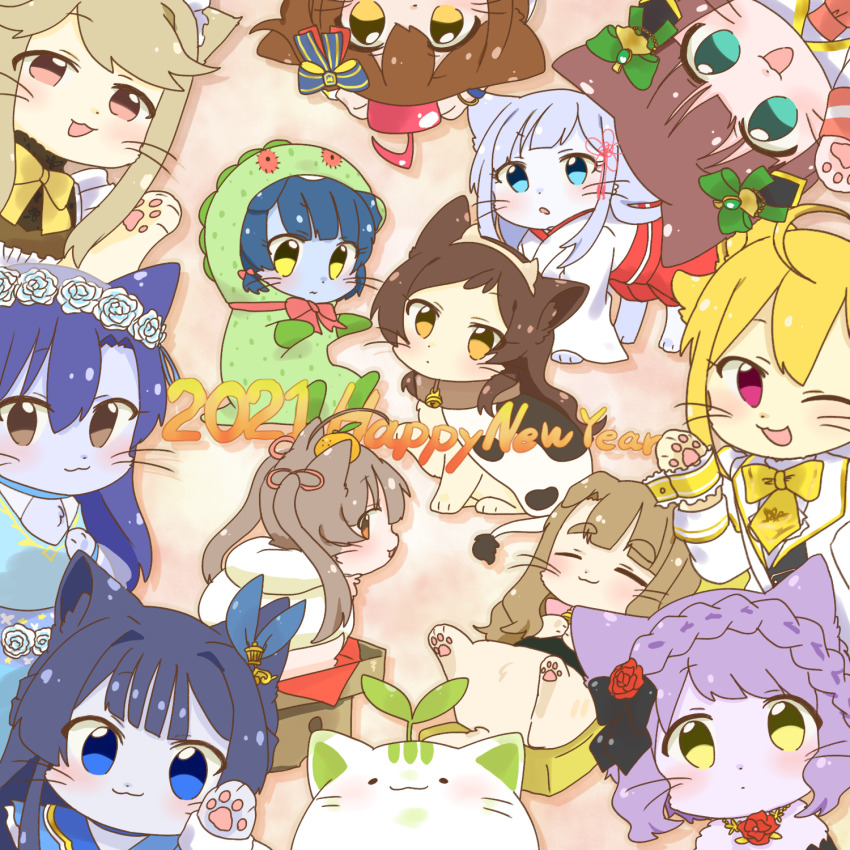 2021 amami_haruka animal animal_collar animal_focus animalization black_hair blonde_hair blue_eyes blue_hair bow brown_eyes brown_hair cat chupacabra_(idolmaster) closed_eyes closed_mouth clothed_animal collar english_text food fruit green_hair hair_bow hakozaki_serika happy_new_year highres hutaba ibuki_tsubasa idolmaster idolmaster_million_live! kasuga_mirai kisaragi_chihaya kitazawa_shiho long_hair looking_at_viewer makabe_mizuki miyao_miya mogami_shizuka nanao_yuriko new_year no_humans open_mouth orange_(fruit) pink_eyes purple_hair shiraishi_tsumugi short_hair smile tenkuubashi_tomoka twintails yellow_eyes