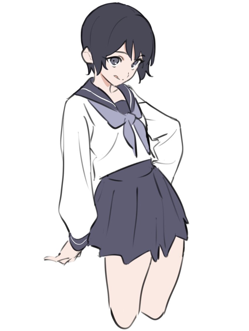 1girl black_hair cropped_legs highres kashiwa_(iersansi) long_sleeves looking_at_viewer neckerchief original pleated_skirt sailor_collar school_uniform serafuku short_hair simple_background skirt solo tongue tongue_out white_background