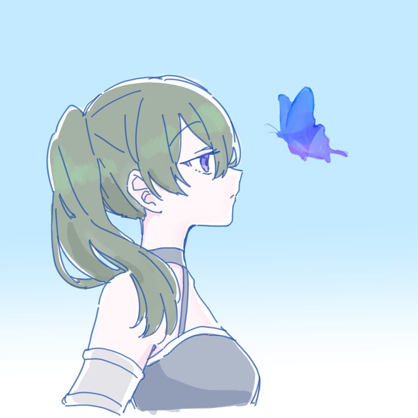 1girl absurdres animal bare_shoulders black_dress blue_background breasts bug butterfly dress gradient_background green_eyes hair_between_eyes highres insect long_hair profile purple_eyes seila_rei side_ponytail small_breasts solo sousou_no_frieren ubel_(sousou_no_frieren) white_background