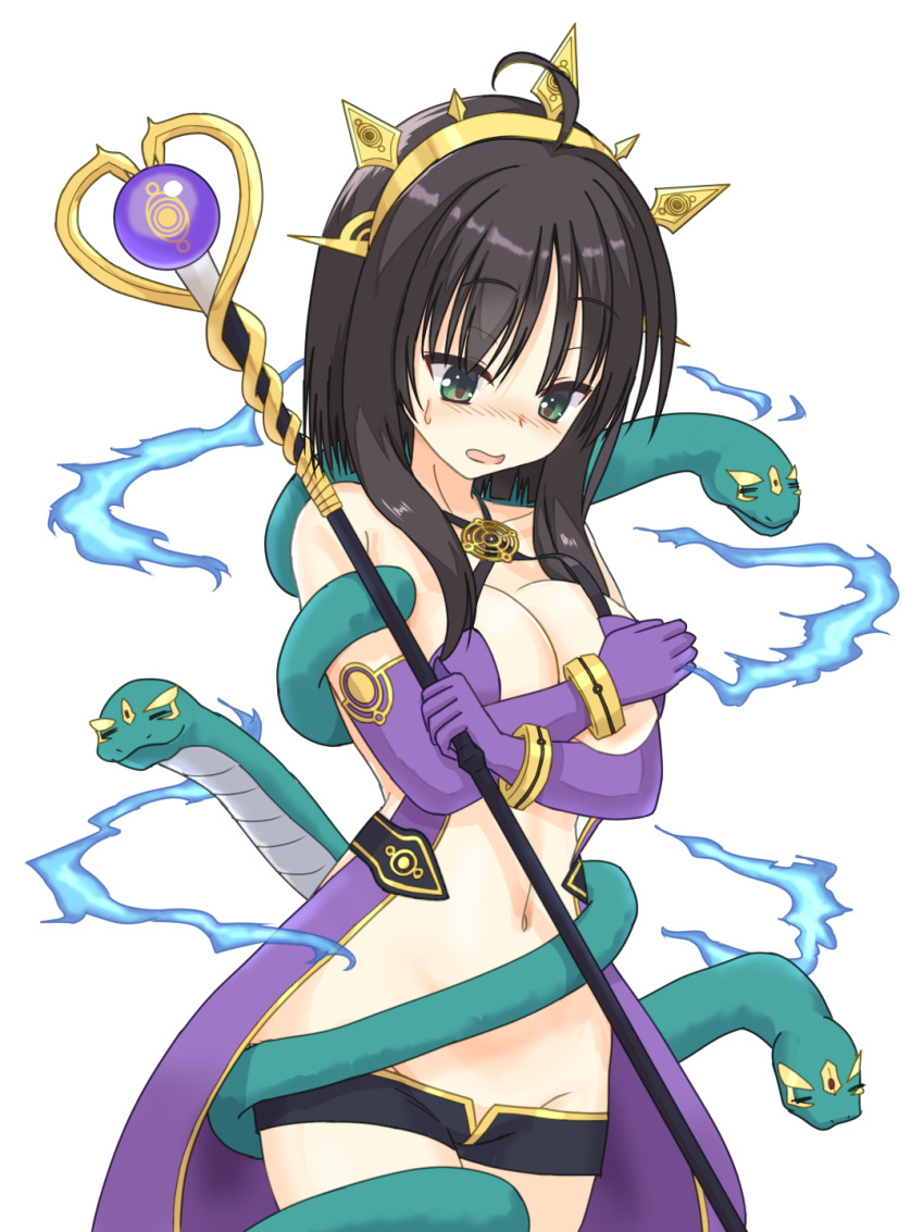 1girl ahoge alternate_costume bare_shoulders black_hair black_shorts blunt_ends blush bracelet breasts breasts_squeezed_together chinese_zodiac cleavage clothing_request commentary_request covering_breasts covering_privates cowboy_shot criss-cross_halter crossed_arms elbow_gloves electricity electrokinesis embarrassed gloves gold_hairband green_eyes green_snake groin hair_between_eyes hairband halterneck highres hitachi_mako holding holding_staff jewelry large_breasts looking_down mage_staff micro_shorts navel no_bra nose_blush open_mouth partial_commentary purple_gloves senren_banka shirayamakoma short_hair_with_long_locks shorts simple_background snake snake_wrapped_around_arm snake_wrapped_around_body solo spiked_hairband spikes staff sweatdrop tsurime white_background year_of_the_snake