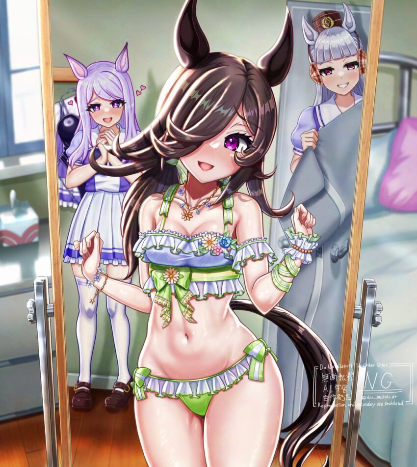 3girls alternate_costume animal_ears bed bikini black_hair breasts cleavage collarbone commentary_request cosplay gold_ship_(umamusume) hair_ornament hair_over_one_eye highres horse_ears looking_at_viewer mejiro_mcqueen_(ripple_fairlady)_(umamusume) mejiro_mcqueen_(umamusume) mejiro_mcqueen_(umamusume)_(cosplay) mirror multiple_girls purple_eyes rice_shower_(umamusume) school_uniform shin_(dshinb) small_breasts swimsuit tracen_school_uniform umamusume watermark
