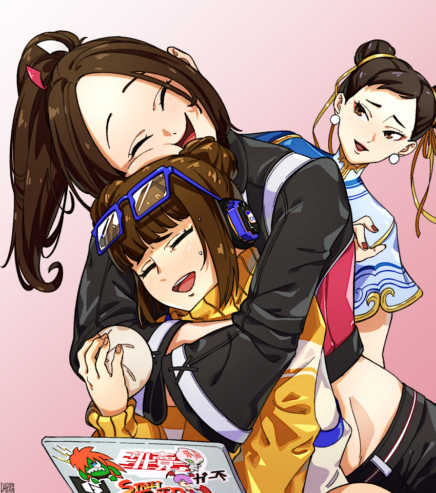 3girls black_hair black_jacket breasts brown_eyes brown_hair capcom chun-li crossover dapenpan double_bun eyewear_on_head fatal_fury fatal_fury:_city_of_the_wolves bad_tag bad_tag hair_bun high_ponytail highres hug hug_from_behind jacket li-fen long_hair multiple_girls official_alternate_costume ponytail shiranui_mai street_fighter street_fighter_6