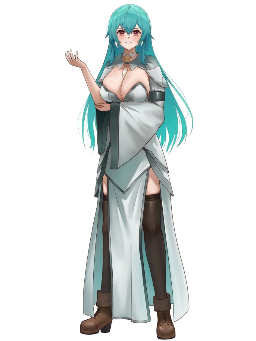 1girl ankle_boots aqua_hair black_thighhighs blush boots breasts brown_boots cleavage collar commentary_request detached_collar detached_sleeves doidamon dress earrings full_body grey_dress grey_shrug grey_sleeves grin hair_between_eyes hand_on_own_elbow hand_up high_heel_boots high_heels highres jewelry laki_(page_of_lambda) large_breasts layered_dress long_bangs long_hair long_sleeves looking_at_viewer nijisanji page_of_lambda pelvic_curtain purple_eyes shrug_(clothing) simple_background skindentation smile solo standing strapless strapless_dress thighhighs tooth_earrings very_long_hair white_background white_collar wide_sleeves