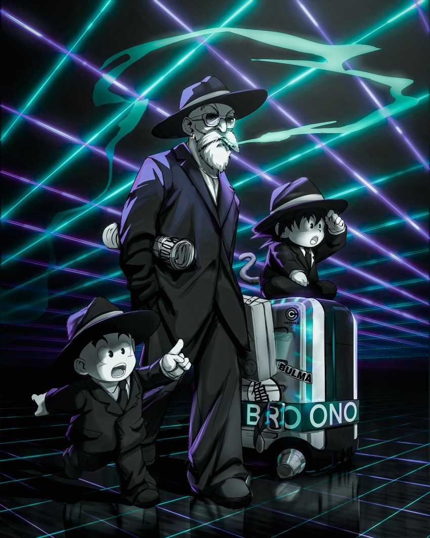3boys absurdres artist_name beard black_footwear black_hat black_suit broonoart cigarette dragon_ball dragon_ball_(classic) earrings facial_hair fedora formal_clothes full_beard hat highres holding holding_newspaper jewelry kuririn male_focus monkey_tail multiple_boys muten_roushi newspaper on_suitcase rolled_up_newspaper smoking son_goku suit suitcase sunglasses tail