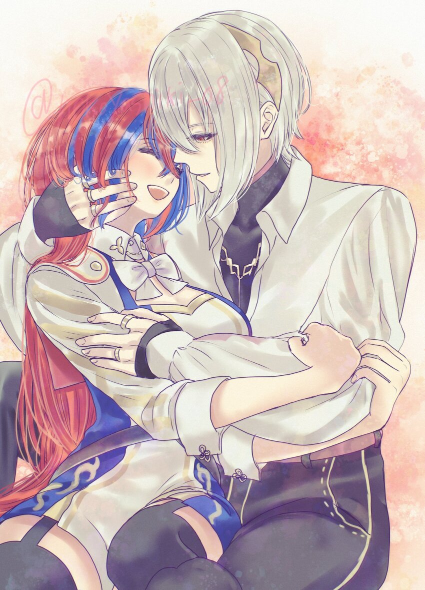 1boy 1girl blue_hair couple female_alear_(fire_emblem) fire_emblem fire_emblem_engage hetero highres multicolored_hair nekoyashiki_08 nintendo rafal_(fire_emblem) red_eyes red_hair split-color_hair two-tone_hair white_hair