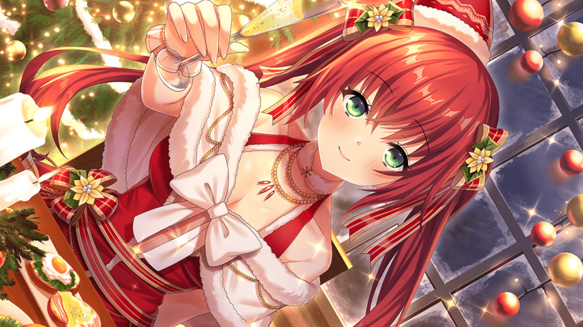 1girl akai_asaka alcohol bare_shoulders blush bow box breasts candle capelet champagne champagne_flute chopsticks christmas christmas_lights christmas_ornaments christmas_tree cleavage closed_mouth cup deep_one_kyomu_to_mugen_no_fragment diffraction_spikes dress drinking_glass food fur-trimmed_capelet fur-trimmed_dress fur-trimmed_headwear fur_collar fur_trim gift green_eyes hair_ornament hat holding indoors jewelry large_breasts long_hair looking_at_viewer medium_breasts natsuhiko necklace night non-web_source off_shoulder plate pom_pom_(clothes) red_capelet red_dress red_hair santa_costume santa_dress santa_hat smile solo sparkle table tinsel twintails very_long_hair window wine_glass