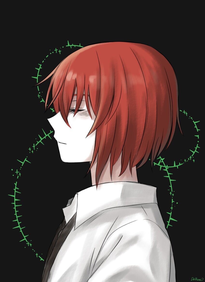1girl absurdres closed_eyes closed_mouth delfuze hatori_chise highres mahou_tsukai_no_yome profile red_hair shirt short_hair signature solo upper_body white_shirt