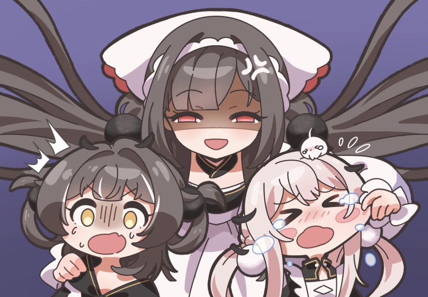 &gt;_&lt; 3girls ^^^ azur_lane black_hair chang_feng_(azur_lane) chang_feng_(cozy_spring_cleaning)_(azur_lane) character_request cheek_pinching false_smile fei_yuen_(azur_lane) flying_sweatdrops frilled_hairband frills fu_po_(azur_lane) hair_rings hairband highres low_twintails multicolored_hair multiple_girls nya_kirin pinching purple_background red_eyes shaded_face simple_background smile streaked_hair surprised sweatdrop tearing_up twintails white_hair white_hairband yellow_eyes