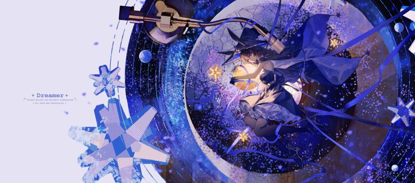 1girl absurdres ambience_synesthesia amiya_(arknights) amiya_(medic)_(arknights) amiya_(medic)_(solo_around_the_world)_(arknights) animal_ears arknights black_cape black_dress black_hat black_pantyhose blue_cape blue_eyes blue_ribbon braid brown_hair cape closed_mouth dress ears_through_headwear expressionless frilled_dress frilled_hat frills from_above full_body gloves hair_between_eyes hair_ribbon haku_(muc12b) hashtag-only_commentary hat high_heels highres hugging_object large_hat looking_at_viewer lying on_side orb pantyhose phonograph rabbit_ears rabbit_girl record ribbon sidelocks single_glove sleeveless sleeveless_dress solo star_pin turntable two-tone_cape witch_hat