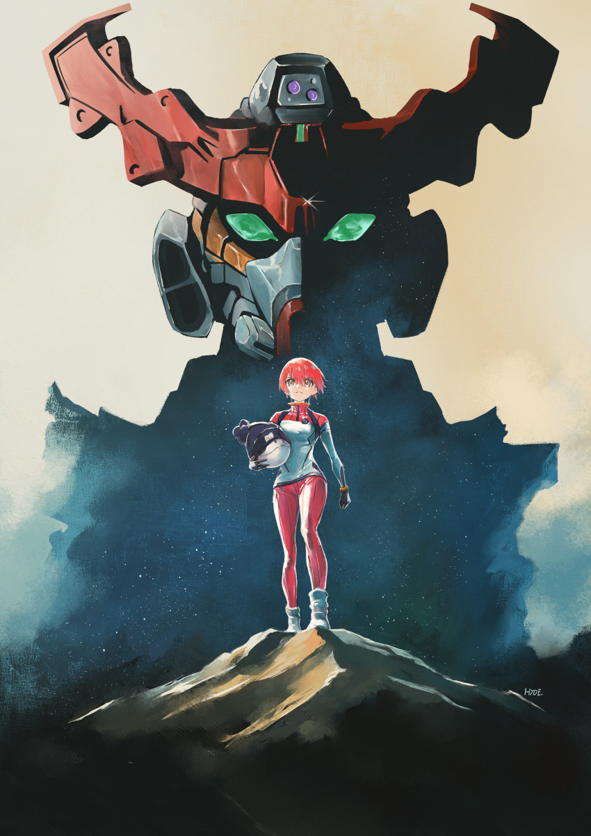1girl absurdres amate_yuzuriha aqua_eyes beanie bodysuit full_body gquuuuuux gundam gundam_gquuuuuux haro hat highres holding hyde_(tabakko) mecha mecha_pilot_suit mobile_suit mobile_suit_gundam multicolored_bodysuit non-humanoid_robot normal_suit_(gundam) parody red_hair retro_artstyle robot science_fiction short_hair star_(sky) v-fin