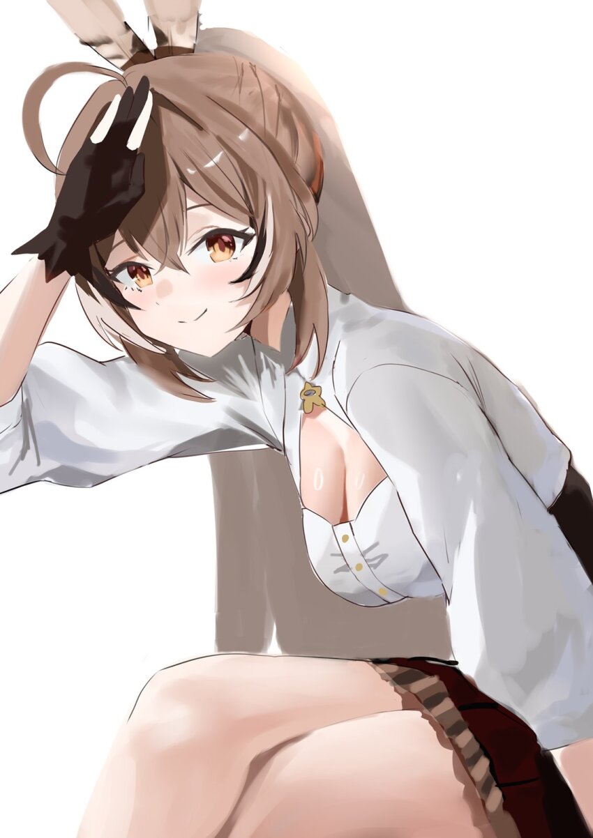 1girl ahoge black_gloves black_hair black_skirt black_streaks blush breasts brown_eyes brown_hair cleavage closed_mouth feather_hair_ornament feathers gloves hair_between_eyes hair_ornament highres hololive hololive_english long_hair looking_at_viewer medium_breasts multicolored_hair nanashi_mumei nanashi_mumei_(1st_costume) partially_fingerless_gloves ponytail puffy_sleeves redi_(rasec_asdjh) salute shirt simple_background sitting sketch skirt smile solo streaked_hair thighs virtual_youtuber white_background white_hair white_shirt white_streaks