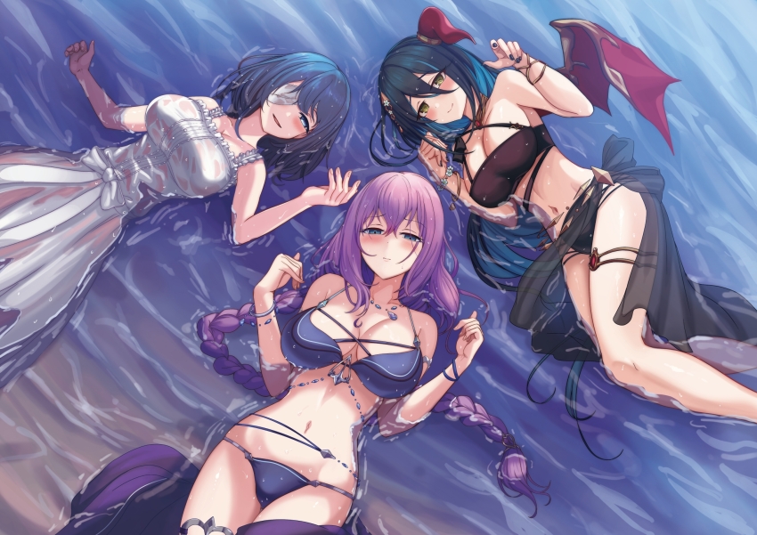 3girls bikini black_bikini black_hair black_nails black_sarong blue_eyes blush bracelet braid breasts commentary demon_horns demon_wings dress eris_(princess_connect!) eris_(summer)_(princess_connect!) eyepatch flower_bracelet hair_between_eyes halterneck highres horns jewelry large_breasts long_bangs long_hair looking_at_viewer low_twin_braids lying medium_hair misora_(princess_connect!) misora_(real)_(princess_connect!) mononoke_(pixiv53597254) multiple_girls nail_polish navel on_back on_side parted_lips partially_submerged princess_connect! purple_hair ranpha_(princess_connect!) ranpha_(summer)_(princess_connect!) red_horns red_wings sarong see-through_clothes see-through_sarong silver_bracelet single_horn single_wing smile sundress swimsuit teardrop_necklace twin_braids wet wet_clothes wet_dress white_dress wings